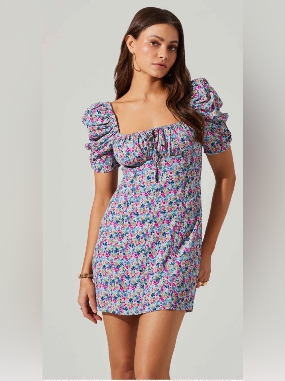 ASTR the Label Floral Puff Sleeve Minidress in Blue Fuchsia Flora Size Small S